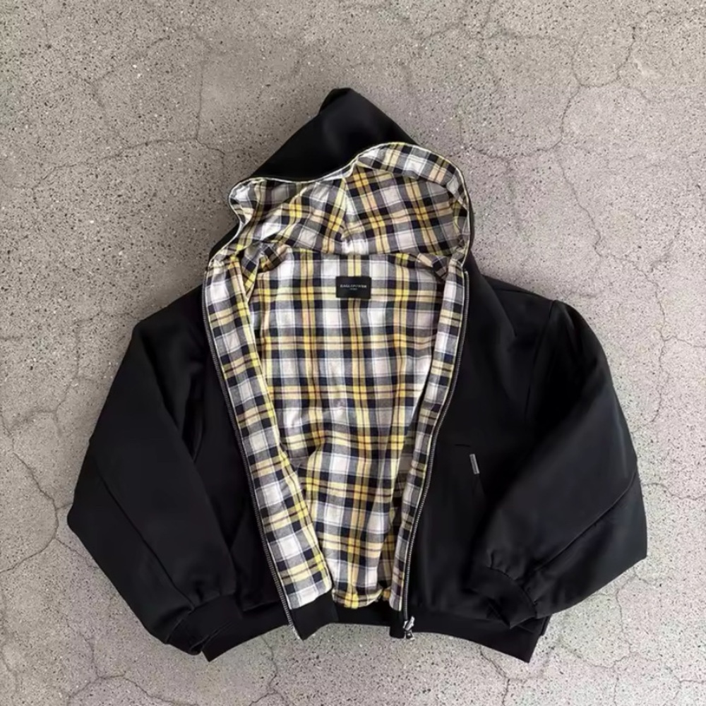 Black Hooded Jacket with Plaid Lining